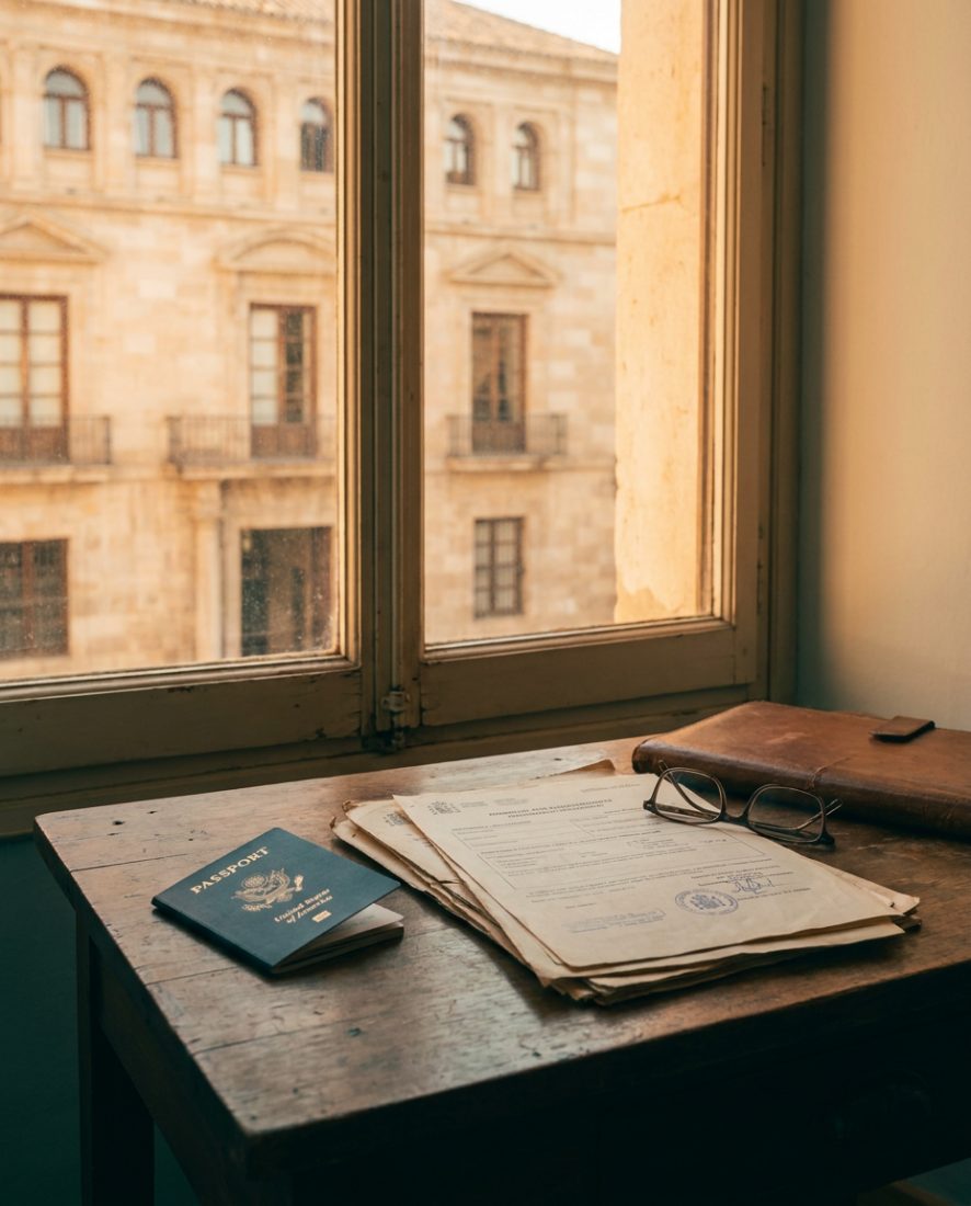 Spanish residency paperwork on a sunlit desk