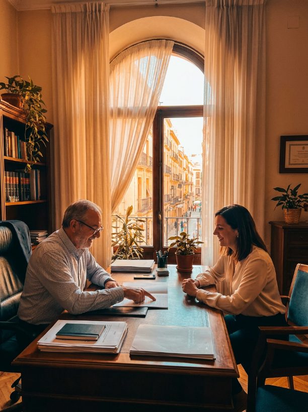 An immigration lawyer reviewing documents with a client